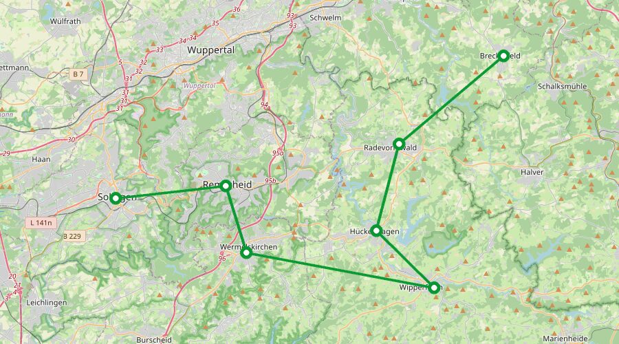 Karte der Liefertour Liefertour Bergisches Land Süd: Solingen, Remscheid, Wermelskirchen, Wipperfürth, Hückeswagen, Radevormwald, Breckerfeld