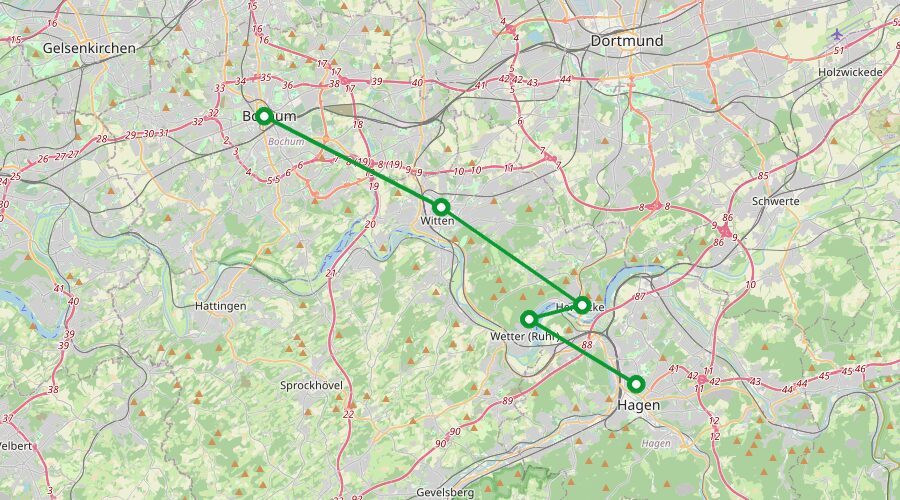 Karte der Liefertour Liefertour Mittleres Ruhrgebiet: Bochum, Witten, Wengern, Herdecke, Hagen (Teilgebiete)