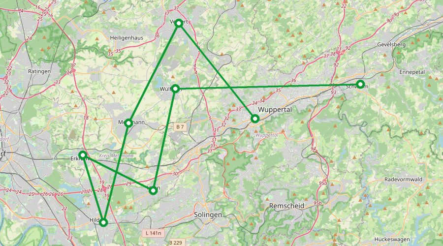 Karte der Liefertour Liefertour Niederrhein-Vorland & Wuppertal: Wuppertal, Velbert, Mettmann, Erkrath, Hilden, Haan, Wülfrath, Schwelm