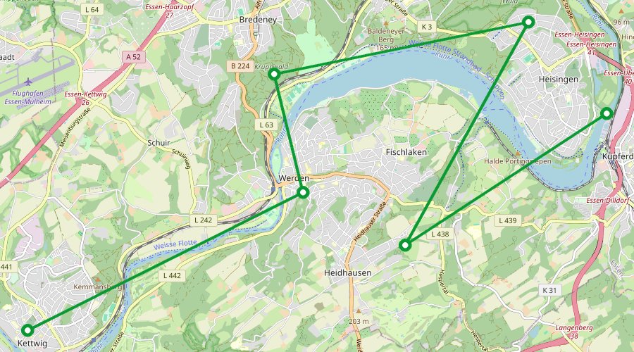 Karte der Liefertour Essen-Süd: Werden, Kettwig, Kupferdreh, Heidhausen, Bredeney, Heisingen
